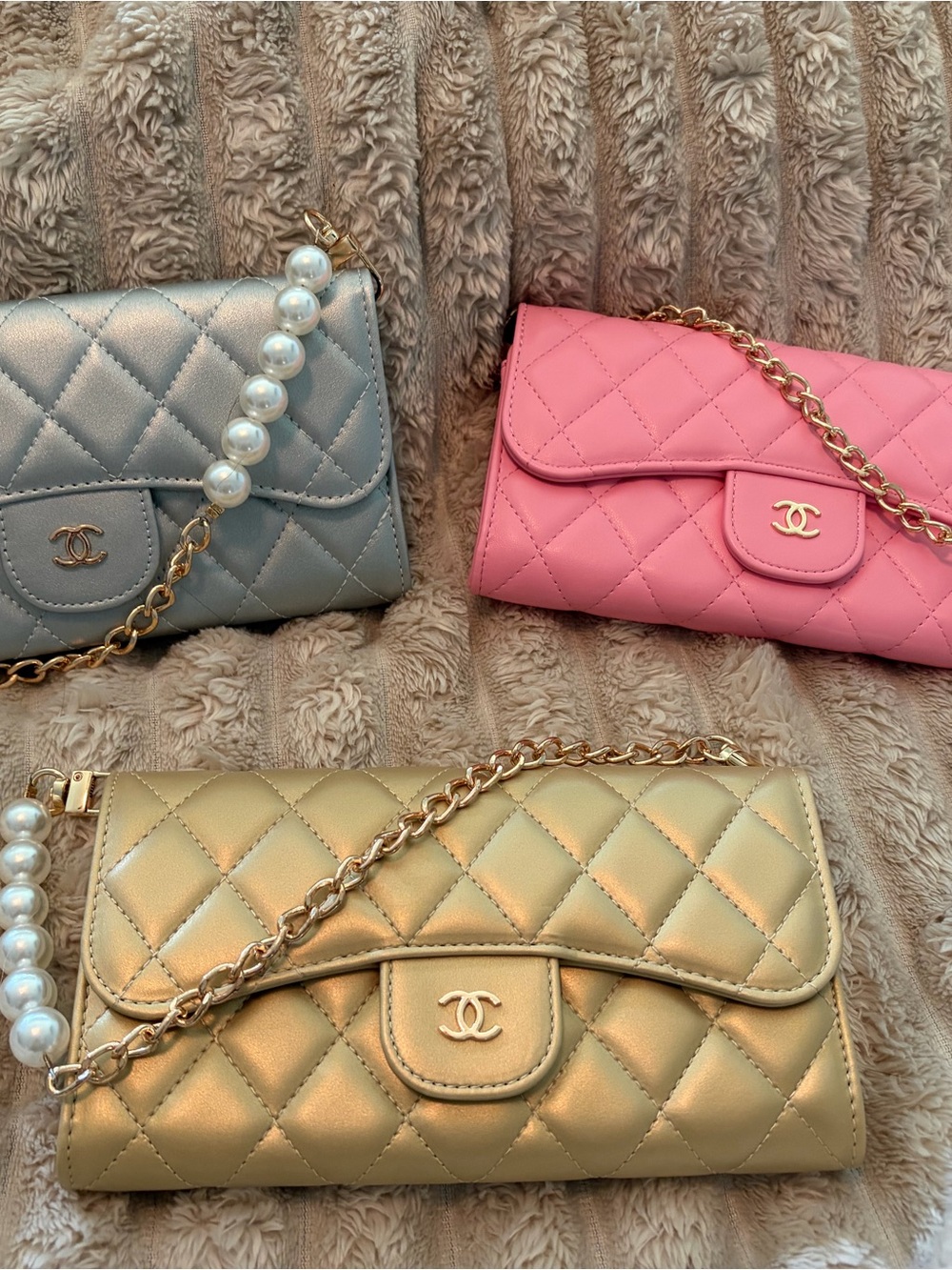 Crossbody Bags in Pink, Gold, and Silver. SOLD SEPARATELY